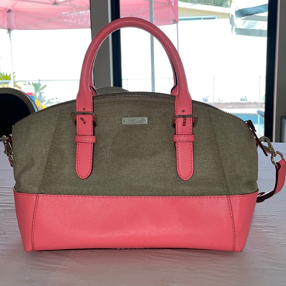 Kate Spade New York - neon coral leather, sand linen, top handle handbag/satchel